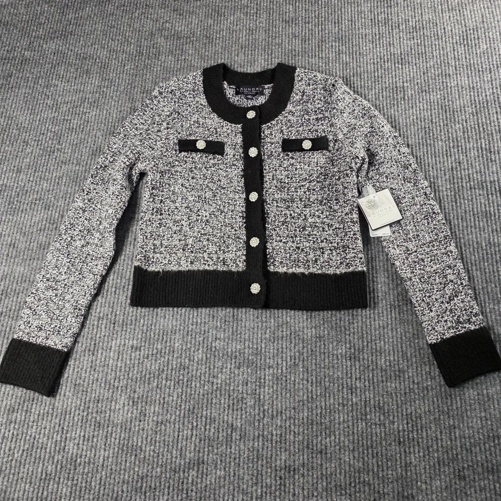 Laundry by Shelli Segal Black White Tweed Knit Cardigan Pearl Button‎ Sweater XS